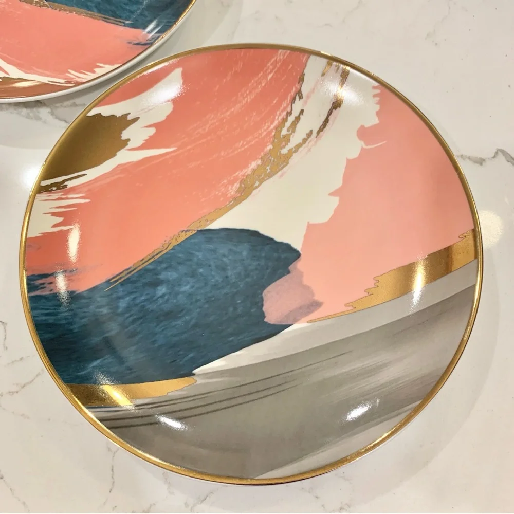 Blue Pink Gold Abstract Brush Strokes Salad Plate 9” - Picture 4 of 7